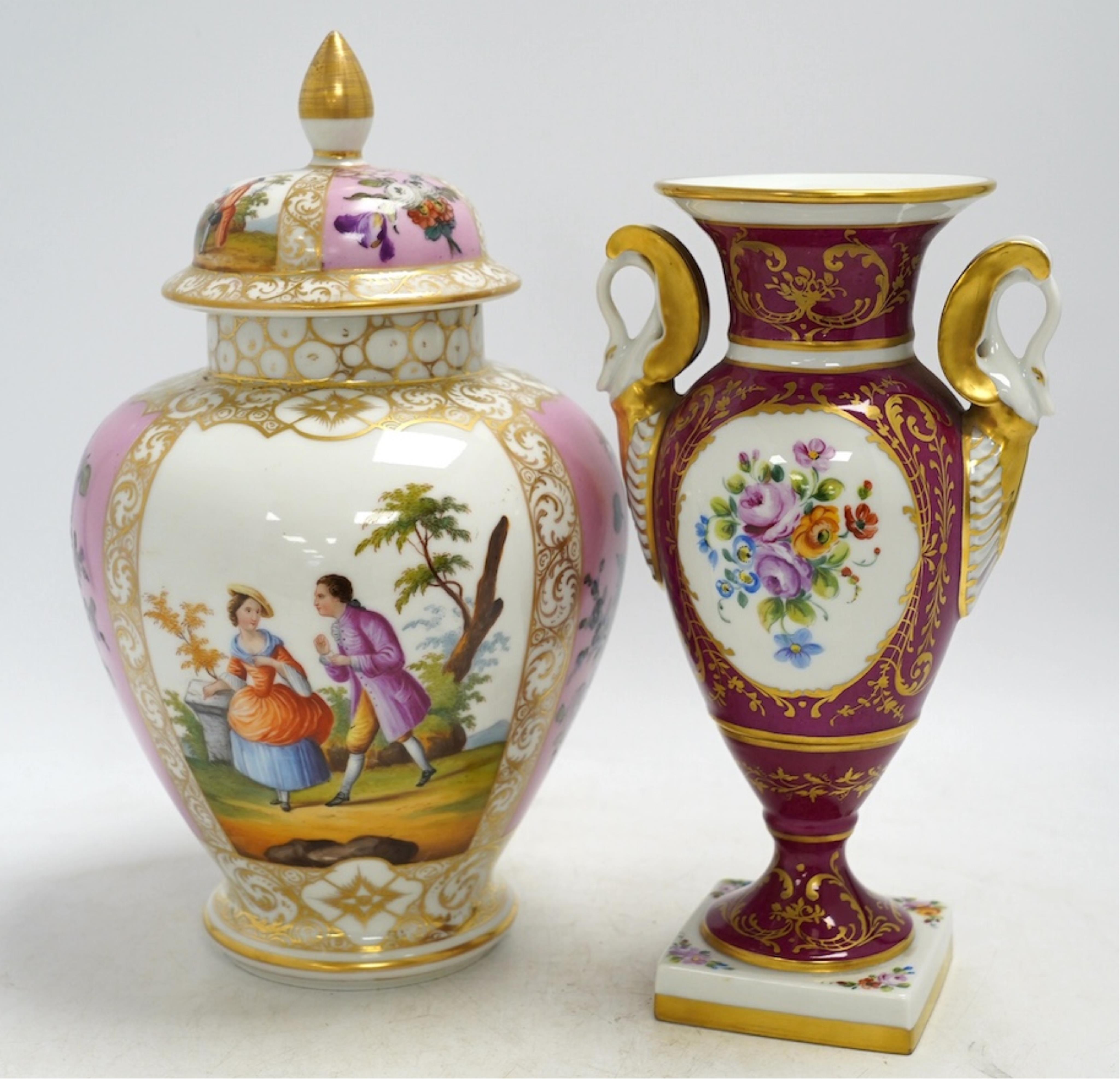 A Dresden Helena Wolfsohn vase and cover, and a French porcelain twin-handled vase, 27cm high. Condition - fair to good